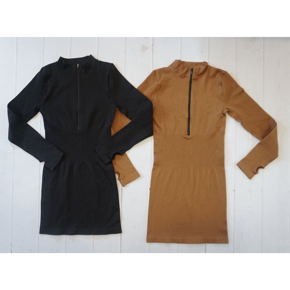 OQQ Brown & Black Ribbed Bodycon Mini Dresses (2) - Size L, NWOT